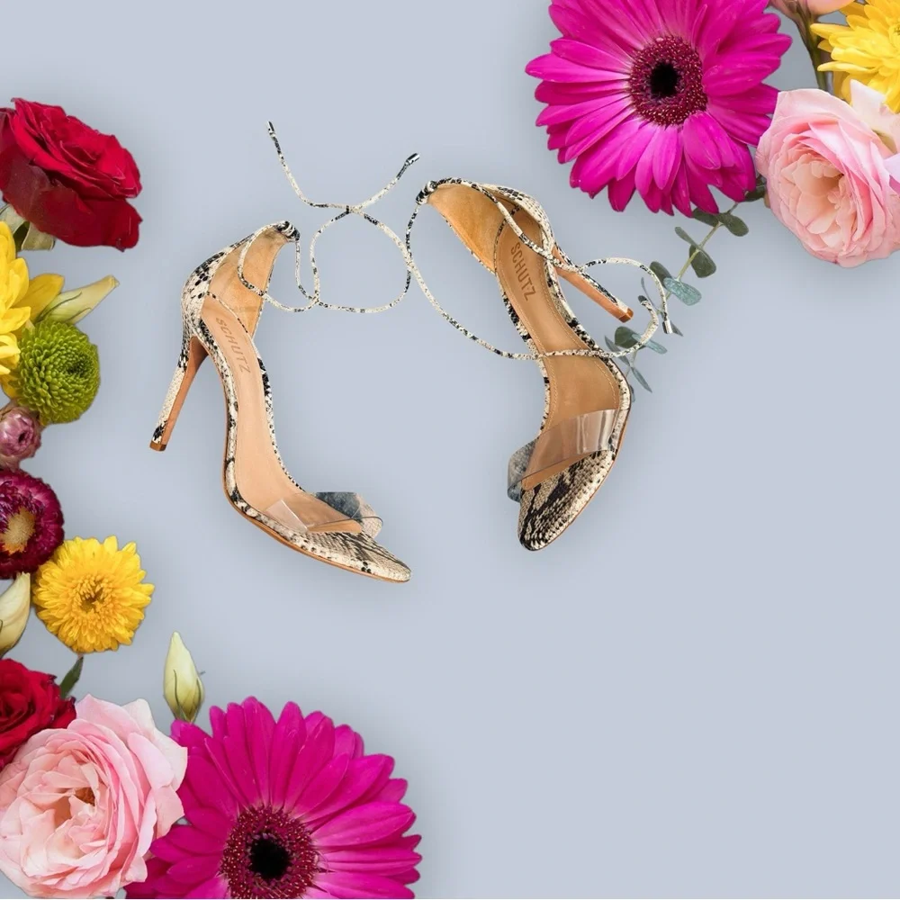 Schutz Josseana Snakeskin Lace-Up Heels Open-Toe Stilettos Shoes Heels